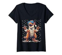 Femme Chapeau de Père Noël T-Rex Dinosaure avec Masque de Ski Hiver T-Shirt avec Col en V