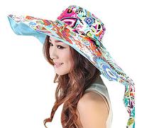 Femme Chapeau de Soleil Plage Large Bord Capeline Réversible Casquette Visière Coton Imprimé Fleur Protection Solaire UPF 50+ Anti-UV Sun Hat Eté Pliable pour Voyage Vacances Sport Camping Randonnée