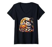 Femme Chapeau de sorcière Chat Citrouille Jack o Lanterne Graphique Halloween Kitty T-Shirt avec Col en V
