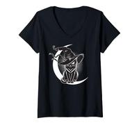 Femme Chapeau de sorcière Chat Noir Croissant de Lune Symbole de Protection Effrayant T-Shirt avec Col en V