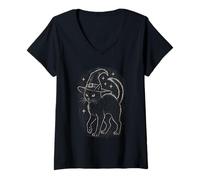 Femme Chapeau de sorcière Mignon Black Cat Lune Rétro Coquette Boho Halloween T-Shirt avec Col en V