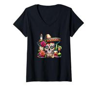 Femme Chapeau tête de mort mexicain tequila guitare Cinco de Mayo T-Shirt avec Col en V