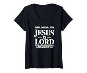 Femme Chaque Genou s'incline Jésus est Le Seigneur Langue Confesser Christian T-Shirt avec Col en V