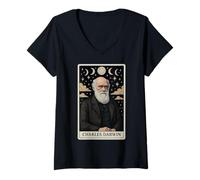 Femme Charles Darwin Evolution Theory Carte de Tarot Motif Lune sorcière T-Shirt avec Col en V