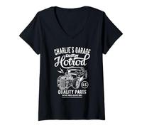 Femme Charlie's Hotrod Garage Classic Car Design personnalisé T-Shirt avec Col en V