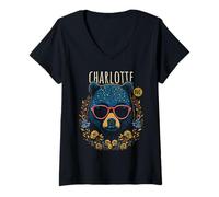 Femme Charlotte NC Fun Ours Portant des Lunettes Motif Fleurs T-Shirt avec Col en V
