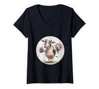 Femme Charmante vache avec fleurs et cadeau - Impression de célébration amusante T-Shirt avec Col en V