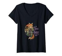 Femme Charming Tree Hugger Fox Pose de Yoga T-Shirt avec Col en V