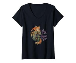 Femme Charming Tree Hugger Fox Pose de Yoga T-Shirt avec Col en V