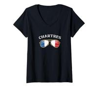 Femme Chartres France Vintage Flag Sunglasses T-Shirt avec Col en V