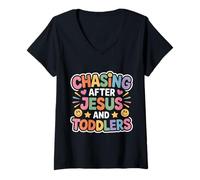 Femme Chasing After Jesus and Toddlers Chaos chrétien - T-Shirt avec Col en V