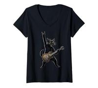 Femme Chat à Bascule Jouant de la Guitare Rock'n Roll Band Guitariste T-Shirt avec Col en V