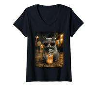 Femme Chat à Poil Court Qui boit du café glacé drôle d'animal T-Shirt avec Col en V