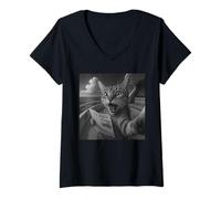 Femme Chat à Selfie Amusant lisant Un Journal sur Un Bateau T-Shirt avec Col en V
