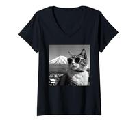 Femme Chat à Tokyo au Mont Fuji T-Shirt avec Col en V