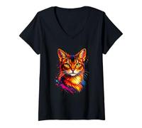 Femme Chat abyssin Mignon Pop Art coloré Amant abyssin T-Shirt avec Col en V