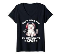 Femme Chat Amant de Musique coréen Can't Hear You I'm Listening K-Pop T-Shirt avec Col en V