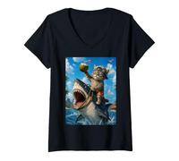 Femme Chat Amusant à chevaucher, Requin, été, Plage, Vacances, océan, Aventure T-Shirt avec Col en V
