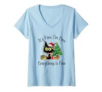Femme Chat Amusant de Noël It's Fine I'm Fine Everything is Fine T-Shirt avec Col en V
