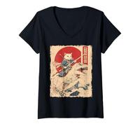 Femme Chat Amusant en T-Rex Japonais Ukiyo-e Art Samouraï T-Shirt avec Col en V