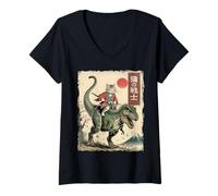 Femme Chat Amusant en T-Rex Japonais Ukiyo-e Art Samouraï T-Shirt avec Col en V