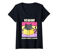 Femme Chat Amusant et Douillet en Train de Lire Parce Que Le Meurtre est Mauvais T-Shirt avec Col en V