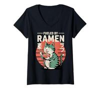 Femme Chat Amusant « Fueled by Ramen » Japonais Kawaii Anime Cat T-Shirt avec Col en V