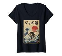 Femme Chat Amusant Jouant des cymbales pour Musicien Jazz cymbaliste T-Shirt avec Col en V