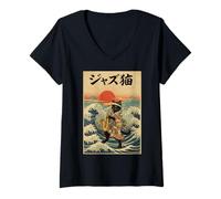 Femme Chat Amusant Jouant du Saxophone pour Musicien de Jazz saxophoniste T-Shirt avec Col en V