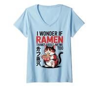 Femme Chat Amusant Ramen « Ramen Pense à Moi Aussi » T-Shirt avec Col en V