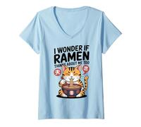Femme Chat Amusant Ramen « Ramen Pense à Moi Aussi » T-Shirt avec Col en V