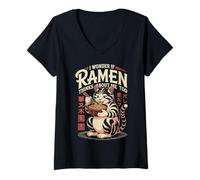 Femme Chat Amusant Ramen « Ramen Pense à Moi Aussi » T-Shirt avec Col en V
