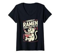 Femme Chat Amusant Ramen « Ramen Pense à Moi Aussi » T-Shirt avec Col en V