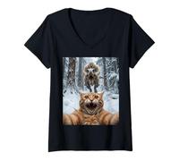 Femme Chat Amusant Selfie Yeti équitation T Rex Snow Chase T-Shirt avec Col en V