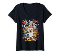 Femme Chat Amusant Stay Pawsitive Lover Hiss Pawsitivity Mom Foster T-Shirt avec Col en V