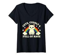 Femme Chat Arc-en-Ciel Mignon et Plein de Rage T-Shirt avec Col en V
