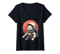 Femme Chat astronaute Amoureux de l'espace Astro T-Shirt avec Col en V