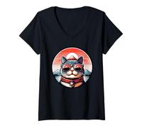 Femme Chat au Mont Fuji T-Shirt avec Col en V