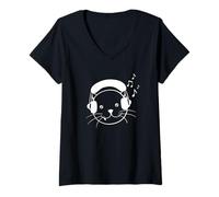 Femme Chat avec écouteurs musicaux T-Shirt avec Col en V