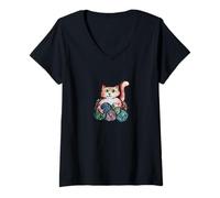 Femme Chat avec Fil Art Chats Tricoter T-Shirt avec Col en V