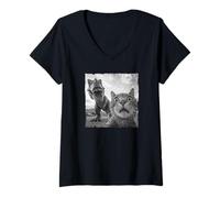Femme Chat avec Selfie T Rex au Look Chaos Amusant T-Shirt avec Col en V