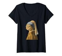Femme Chat avec Une Perle Boucle d'oreille Art t-Shirt Homme Femme T-Shirt avec Col en V