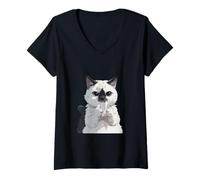 Femme Chat Blanc Douillet Moment Matin T-Shirt avec Col en V