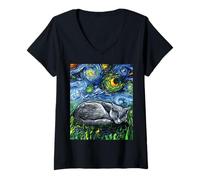 Femme Chat Bleu Russe Nuit étoilée Gris endormi T-Shirt avec Col en V