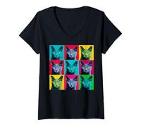 Femme Chat Bleu Russe Pop Art coloré T-Shirt avec Col en V