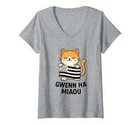 Femme Chat Breton Gwenn ha Du - Bretagne Humour Empreintes Patte T-Shirt avec Col en V