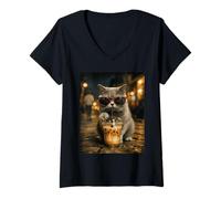 Femme Chat Britannique à Poil Court Qui boit du café glacé T-Shirt avec Col en V