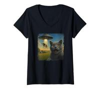 Femme Chat British Shorthair en détresse OVNI Selfie Vache Alien T-Shirt avec Col en V