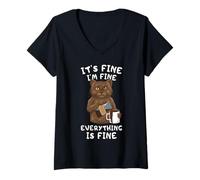Femme Chat Brun Drôle Café Tout Va Bien Citation T-Shirt avec Col en V