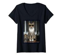 Femme Chat Buvant du vin au café avec des Lunettes de Soleil T-Shirt avec Col en V